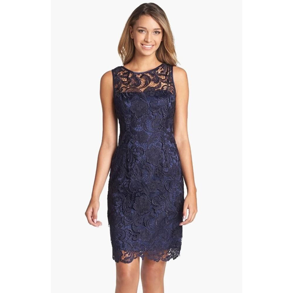 Adrianna Papell Womens Size 12 Navy Blue Illusion Neckline Lace Dress